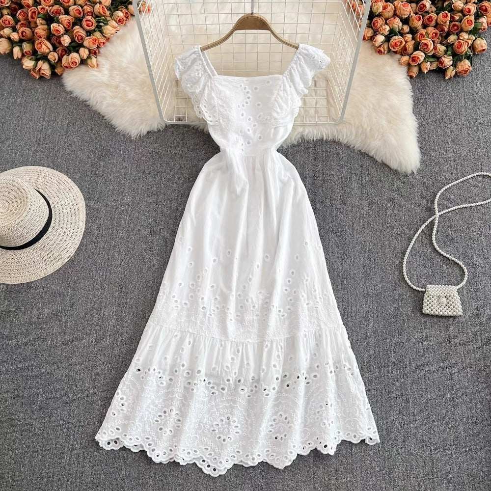 Eyelet embroidery ruffle midi dress