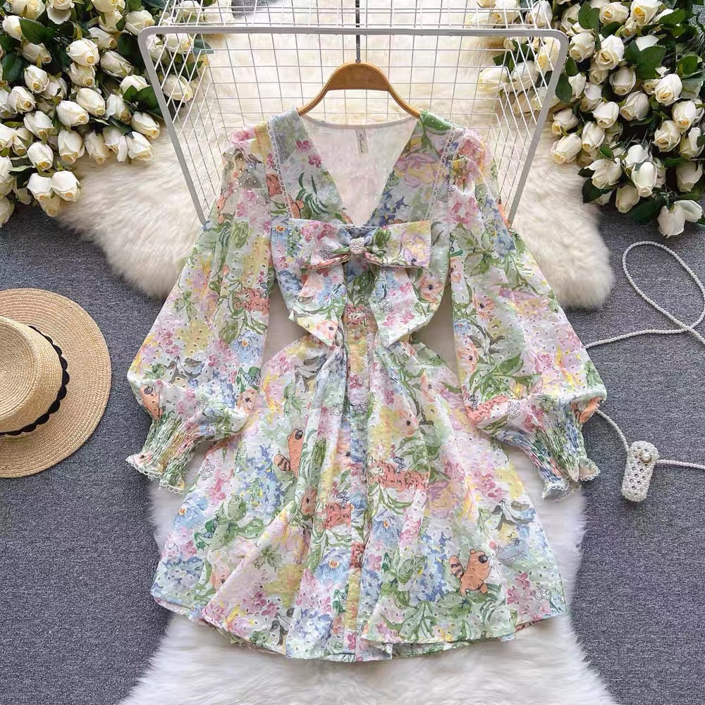 V neck bowknot eyelet floral mini dress