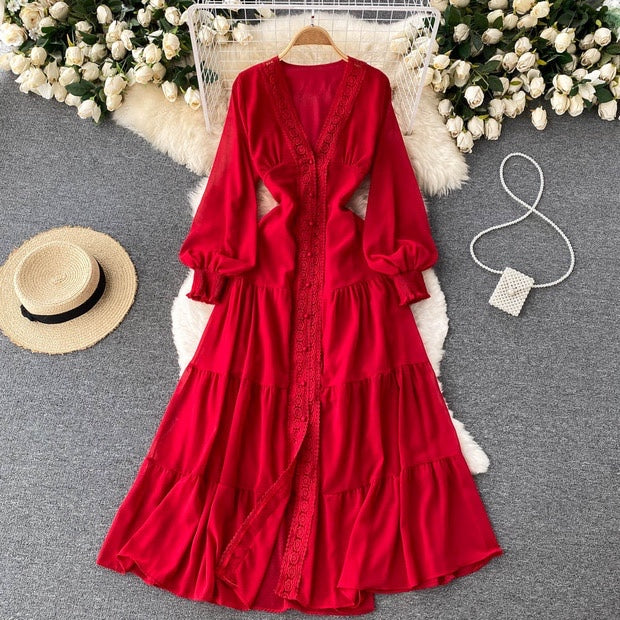 Long sleeve V neck tiered maxi chiffon dress