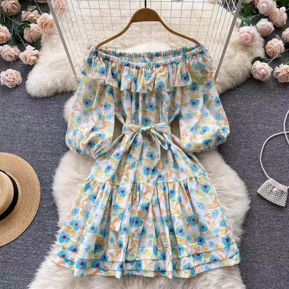 Belted off shoulder floral drop waist mini dress