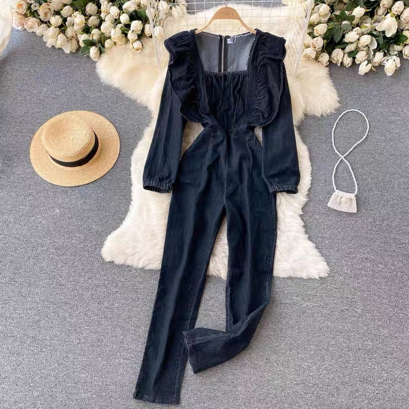 Ruffle apron jumpsuit in denim