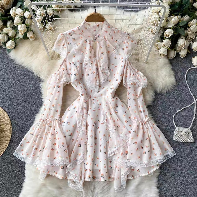 Cut out sleeve ruffle mini floral chiffon dress