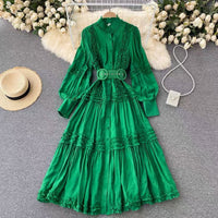 Cuff sleeve ruffle tiered maxi dress with belt