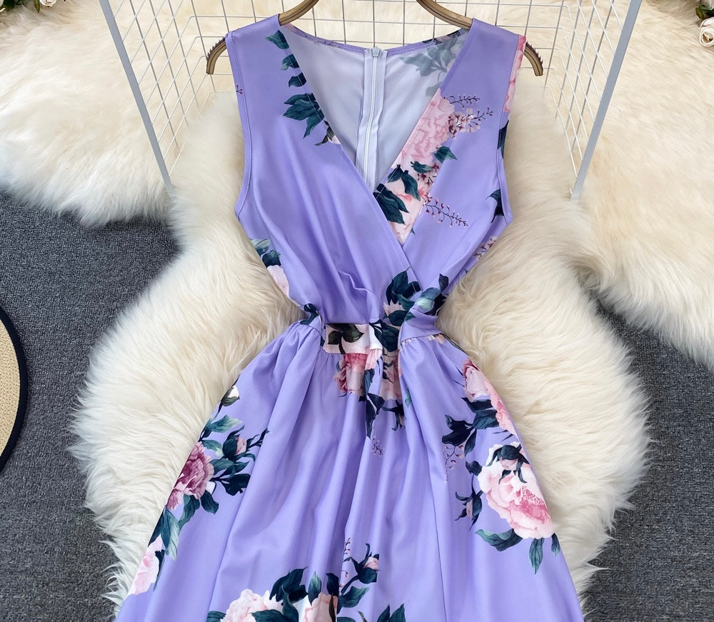 Summer floral V neck split dress