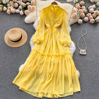 Peasant sleeve tie neck yellow solid maxi dress