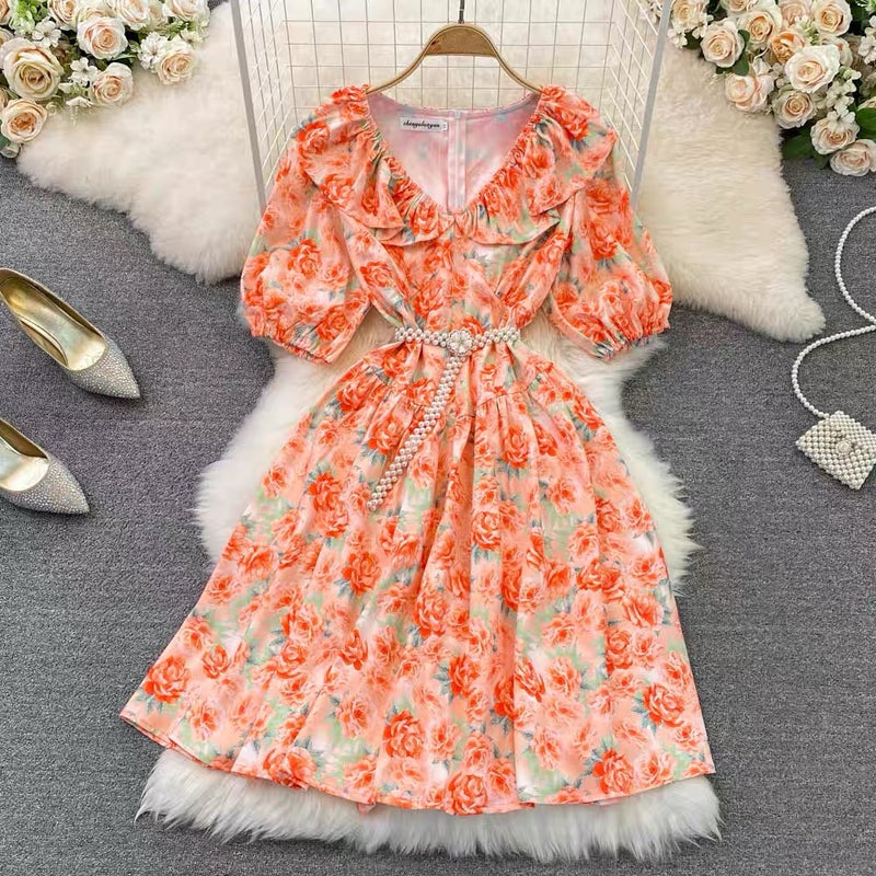 Pearl belted flappy heart neck floral dress