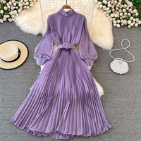 Cuff sleeve pleated maxi dress with matching color belt