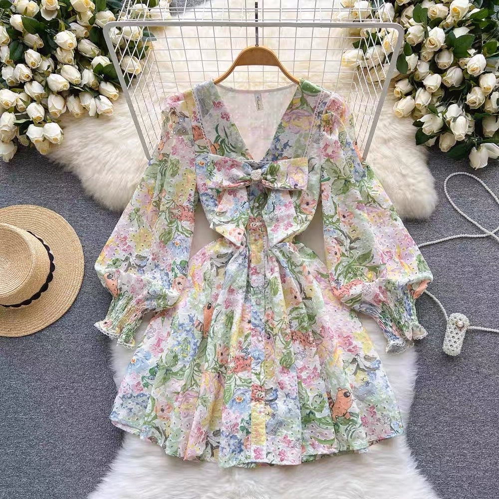 V neck bowknot eyelet floral mini dress