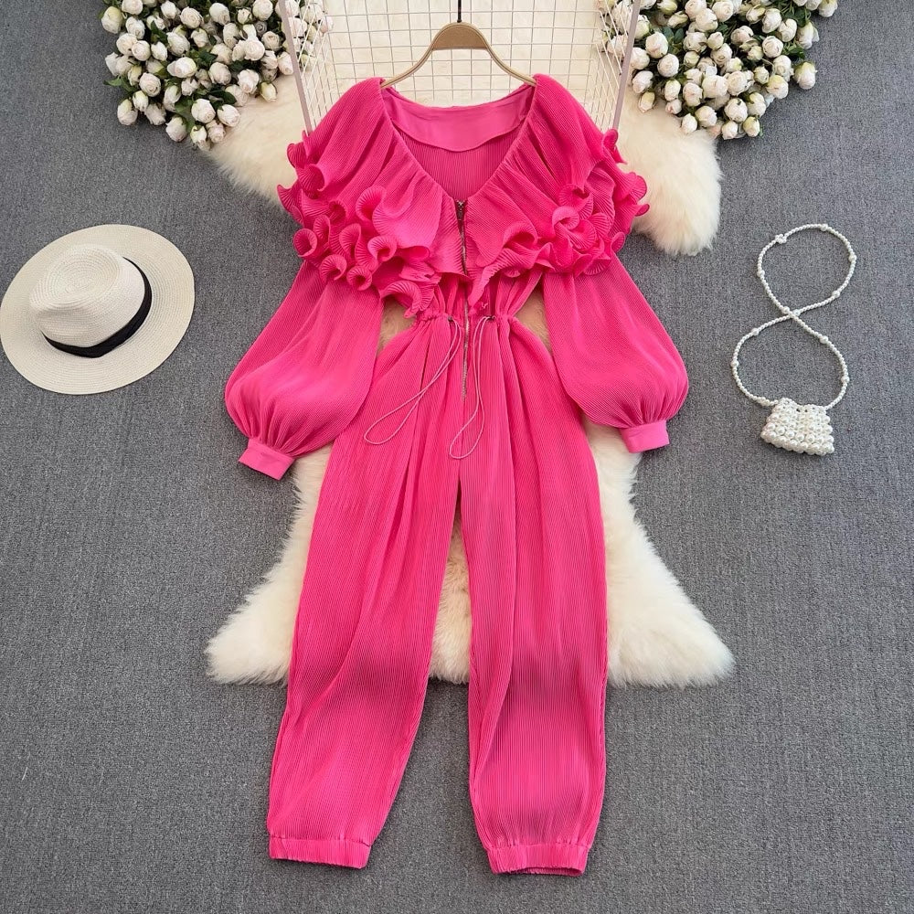 Zip up ruffle layers collar plisse jumpsuit