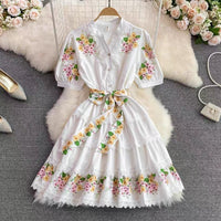 Short sleeve Belted embellished lace trim tiered A line dress