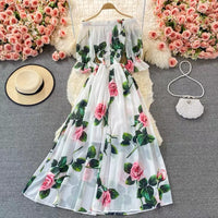 Off shoulder smocked waist roses print maxi dress