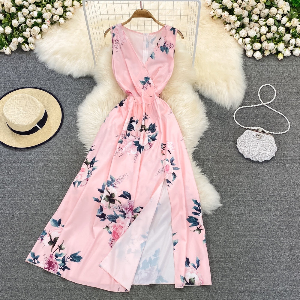 Summer floral V neck split dress