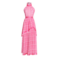 Halter asymmetrical layers side split plaid dress