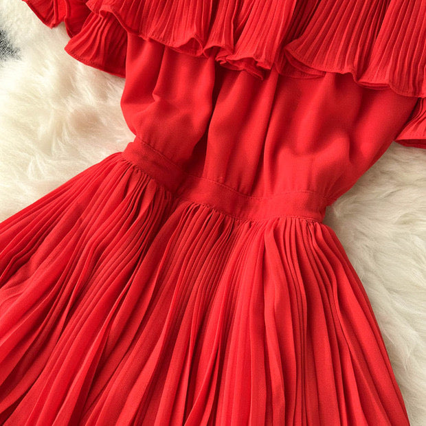 Off shoulder flappy pleated layers slit dress