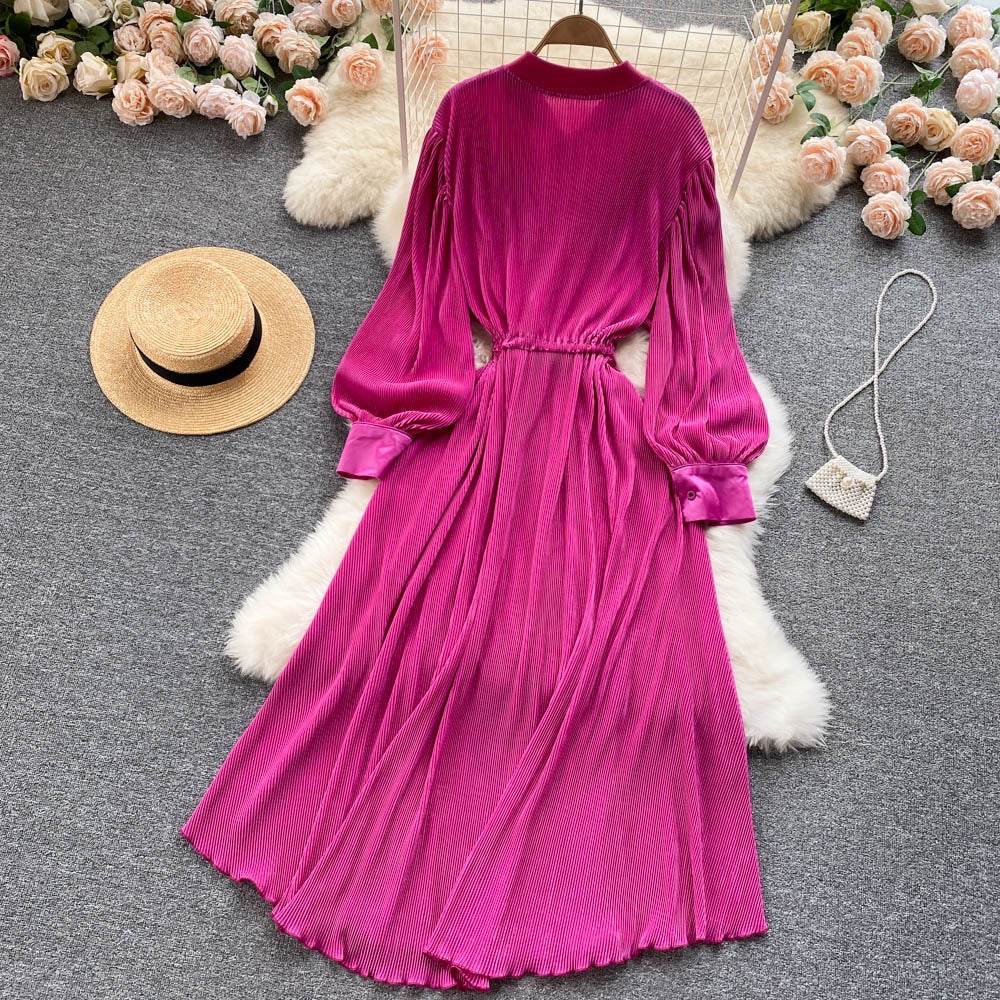 Bishop sleeve front ruffle drawstring waist maxi dress