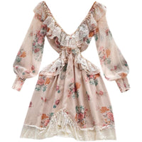 Embroidery lace trim cut out back knot floral chiffon mini dress