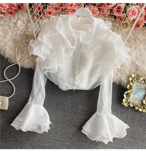 Flounce sleeve ruffle front with pearls button blouse