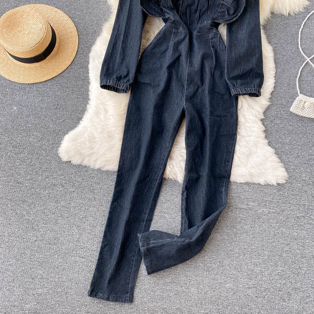 Ruffle apron jumpsuit in denim