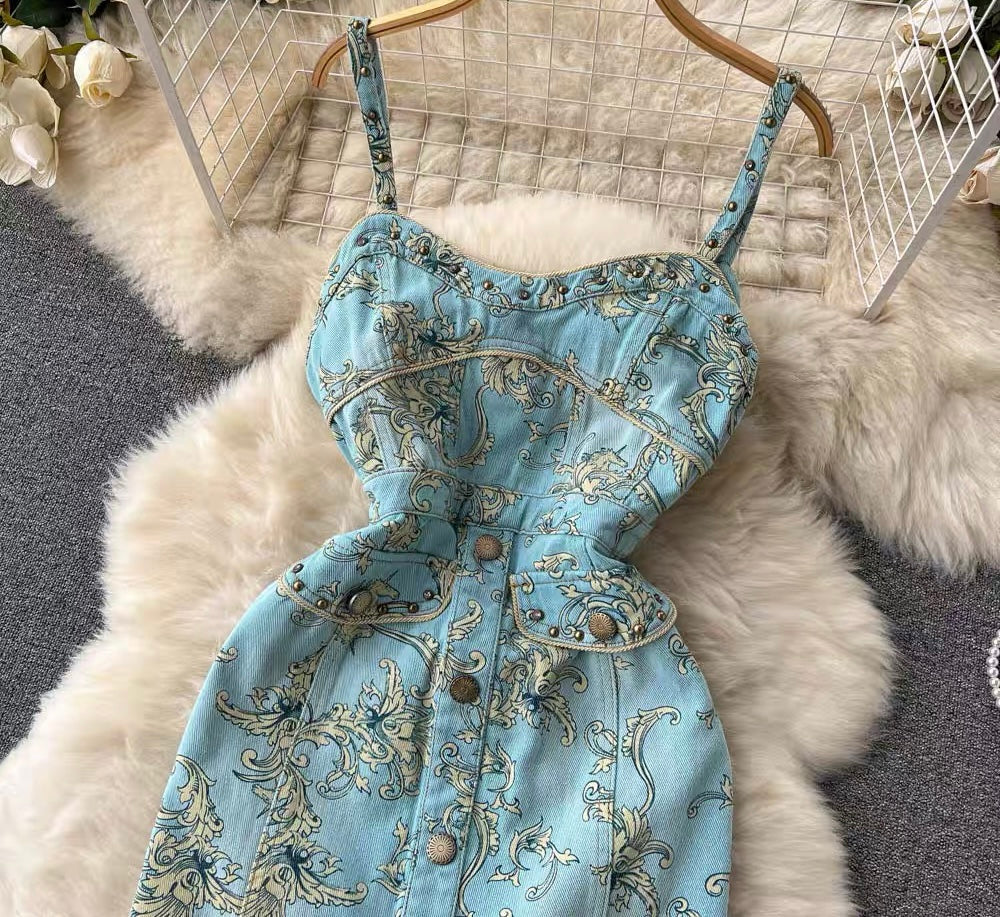 Baroque print on denim cami dress