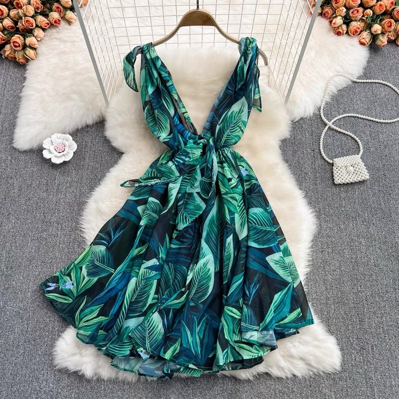 Tie shoulder tropical mini dress