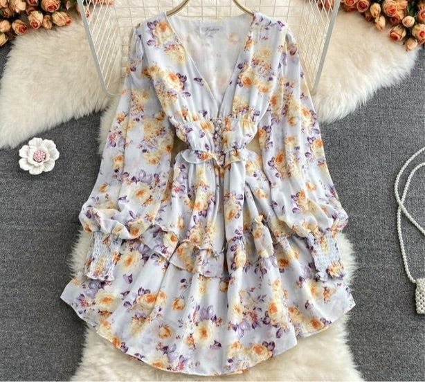 Bishop sleeve deep V neck floral ruffle dress