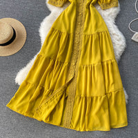 Short sleeve V neck tiered maxi chiffon dress