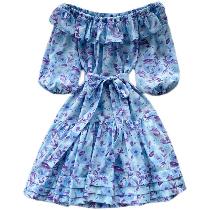 Belted off shoulder floral drop waist mini dress