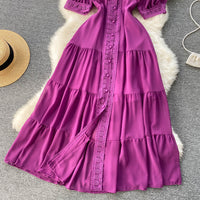 Short sleeve V neck tiered maxi chiffon dress