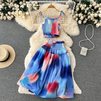 Watercolor smocked tie strappy croptop and midi skirt set