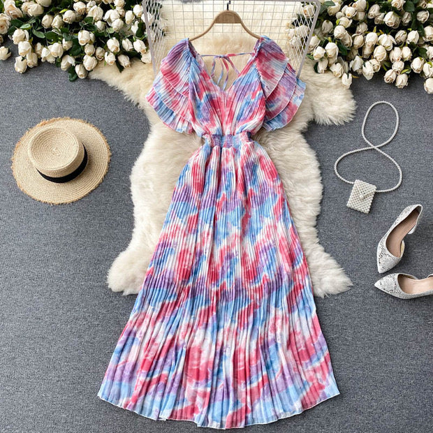 Tie dye pleated midi dress