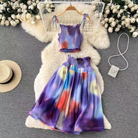 Watercolor smocked tie strappy croptop and midi skirt set