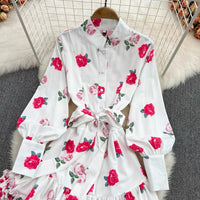 Belted ruffle tiered Roses dress