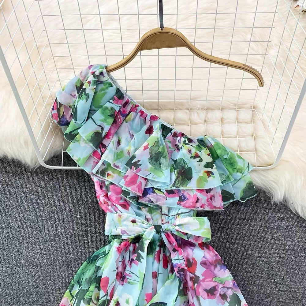 One shoulder ruffle floral maxi dress