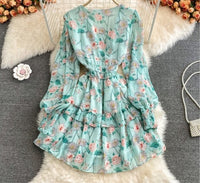 Bishop sleeve deep V neck floral ruffle dress