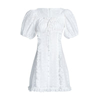 Eyelet embroidery lace drawstring neckline mini dress