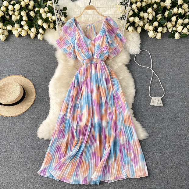 Tie dye pleated midi dress