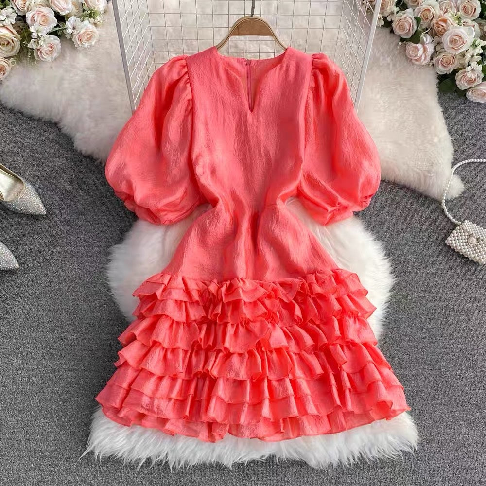 Notch neck ruffle layers solid colour mini dress