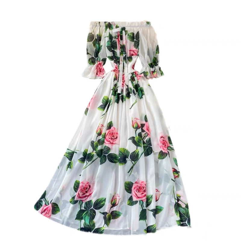 Off shoulder smocked waist roses print maxi dress