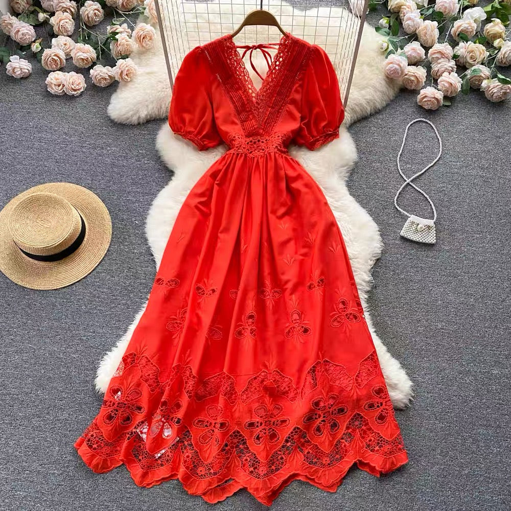 Puff sleeve eyelet embroidery lace V neck maxi dress