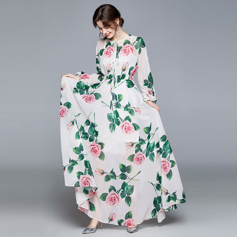 Bishop sleeve neck tie endless roses maxi dress