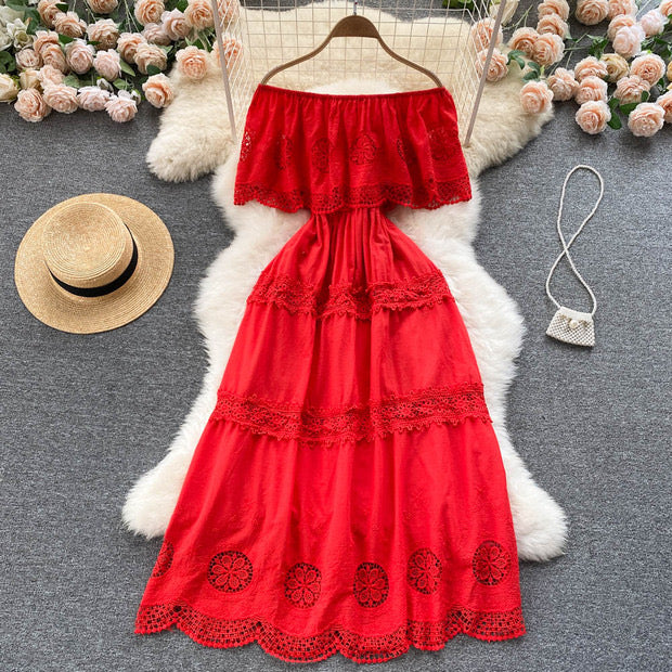 Flappy off shoulder embroidery lace maxi dress