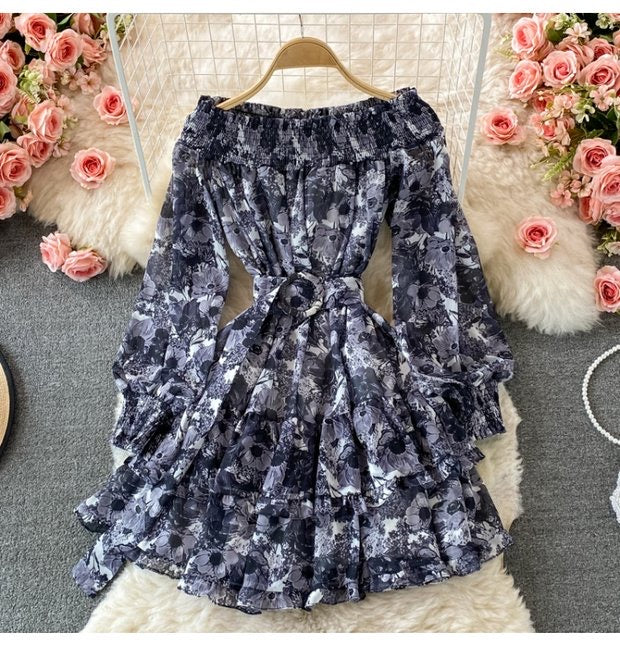 Cuff sleeve off shoulder floral ruffle layers mini chiffon dress