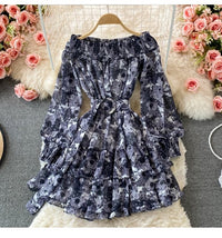 Cuff sleeve off shoulder floral ruffle layers mini chiffon dress