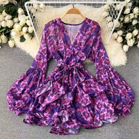 Lantern sleeve floral ruffle layers dress