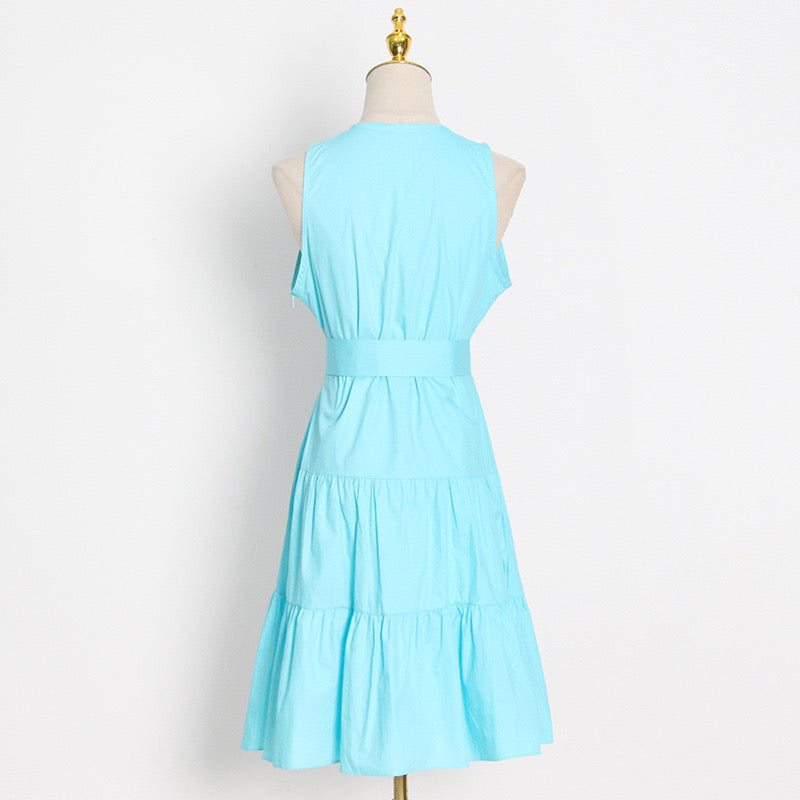 Belted sleeveless button up A line dress