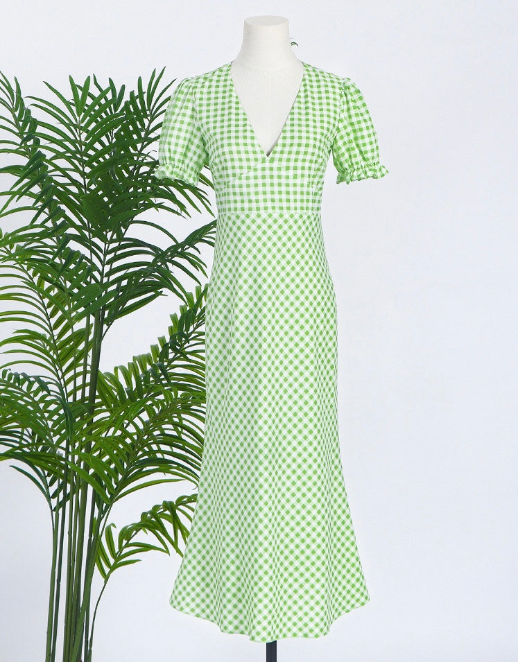 V neck green plaided midi dress