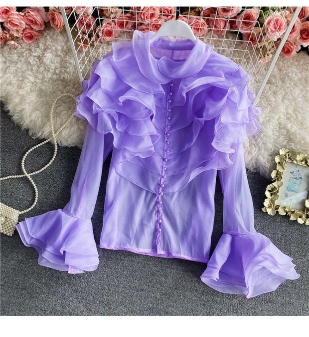 Flounce sleeve ruffle front with pearls button blouse