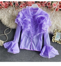 Flounce sleeve ruffle front with pearls button blouse