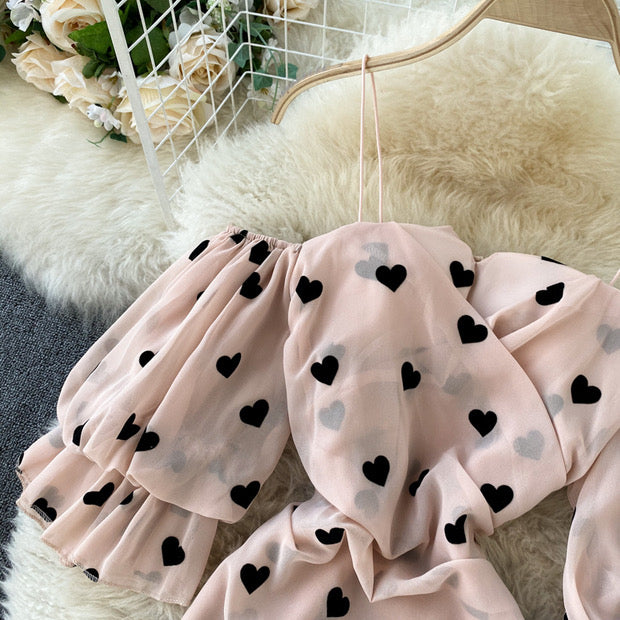 Off shoulder sweetheart with heart prints on chiffon dress