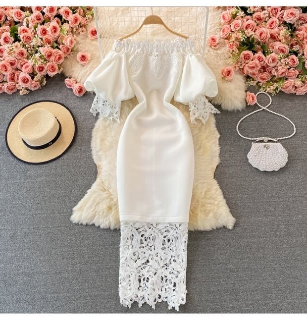 Off shoulder puff sleeve extender lace trim dress